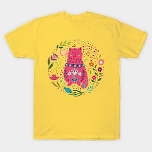 colorful illustration with beautiful cat and flowers #5 T-Shirt